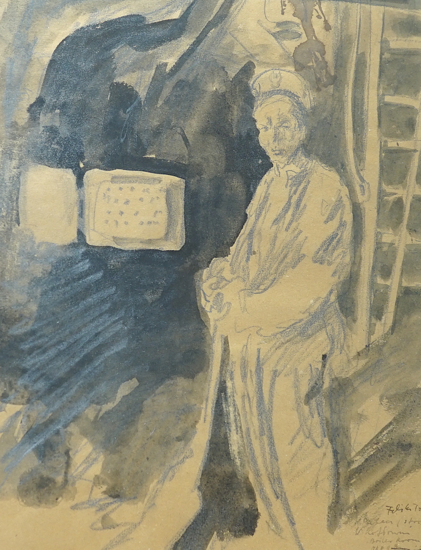 Felix Topolski (1907-9189), pencil and watercolour, 'Stoker in a boiler room', signed and inscribed, 30 x 24cm, and a lithograph of Field Marshall Goring, 38 x 28cm